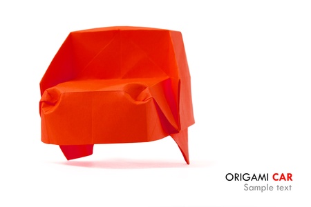 Origami red isolated cartoon car on a white backgroundの写真素材