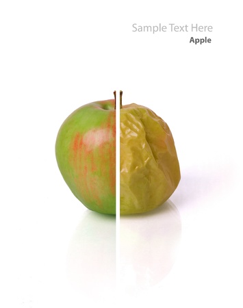 Young and wrinkly no moisturizing parts of apple on a whitebackgroundの写真素材