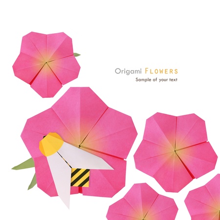 Origami pink summer flowers with noney bee on a white backgroundの写真素材