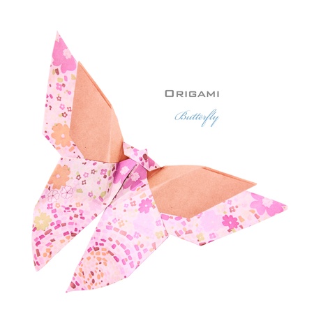 Pink ornament origami butterfly on the white backgroundの写真素材