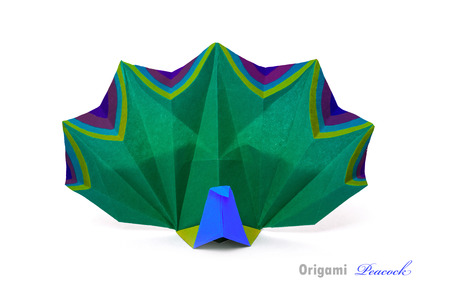 Origami fastion peacock bird of paper on a white backgroundの写真素材