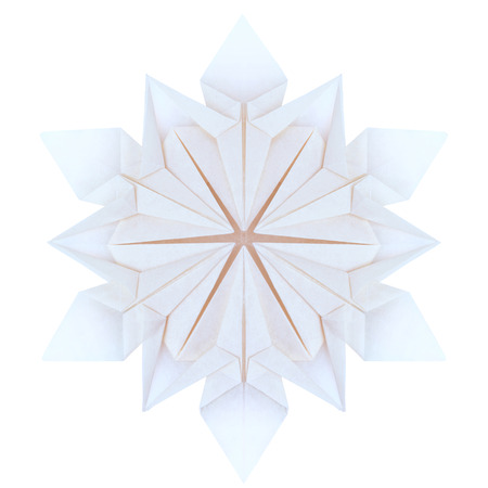 Origami paper fragility christmas winter cold blue snowflakes on a white backgroundの写真素材