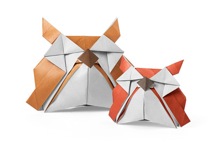 Couple of origami paper isolated owls on a white の写真素材