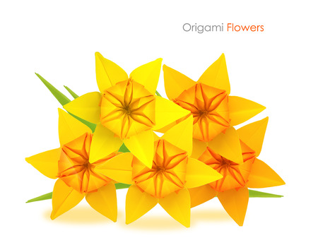 Origami spring yellow narcissus flowers bouquet on a white backgroundの写真素材
