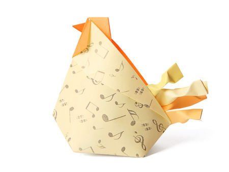 Origami paper hen rooster on a white backgroundの写真素材