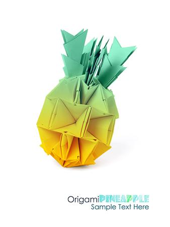 Origami paper pineapple yellow vitamin diet tropical fruit on a white backgroundの写真素材