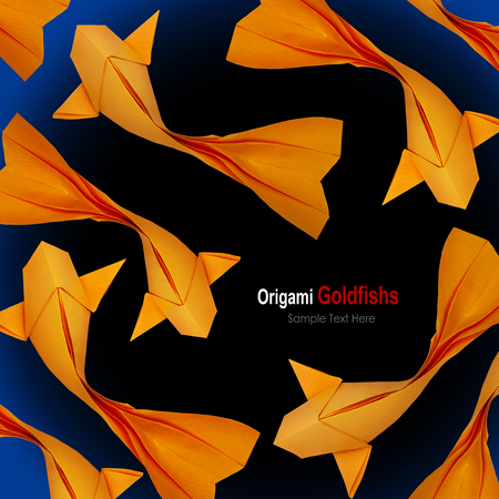 Origami paper goldfish group on a  blue black water backgroundの写真素材
