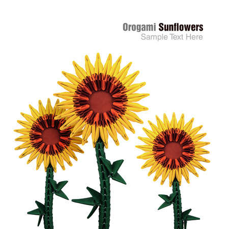 Origami art nature sunflower head sun energy on a white backgroundの写真素材