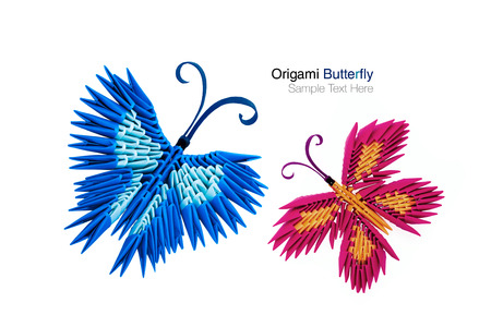 Blue 3d origami butterfly couple on the white backgroundの写真素材