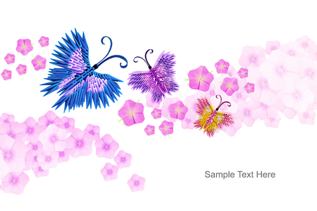 Multicolor 3d origami butterflies group with flowers on the white backgroundの写真素材