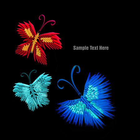 Blue neon light 3d origami butterflies on the black night backgroundの写真素材