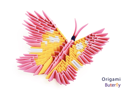 Pink 3d origami butterfly on the white backgroundの写真素材