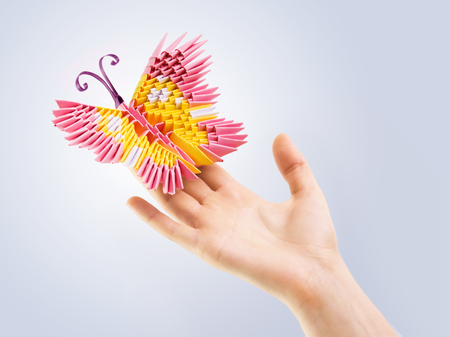 Pink 3d origami butterfly in a hand on a white backgroundの写真素材