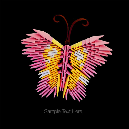 Pink 3d origami butterfly on a black backgroundの写真素材