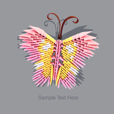 Pink 3d origami butterfly on a gray backgroundの写真素材