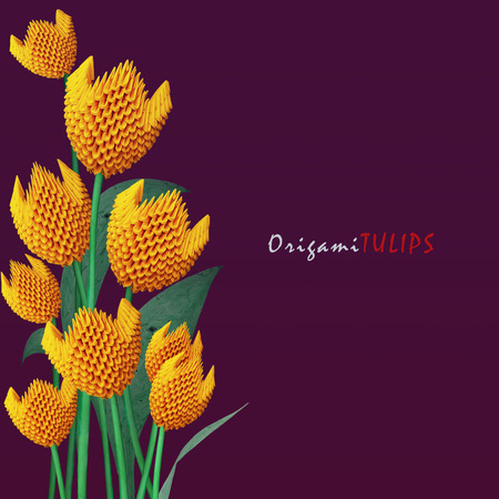 Origami 3d yellow paper decoration tulip flowers bouquet on a violet backgroundの写真素材