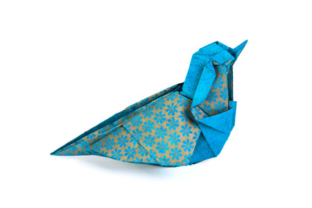 Origami art electric blue and bronze metalic floral bohemia pattern paper bird on a white backgroundの写真素材