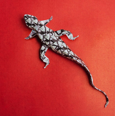 Origami paper art wild lizard on a red paper backgroundの写真素材