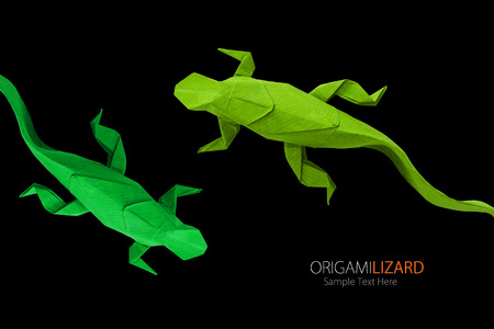 Origami paper art  green wild lizards on a black backgroundの写真素材