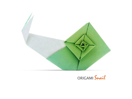 Origami green paper geometric art snail on a white backgroundの写真素材
