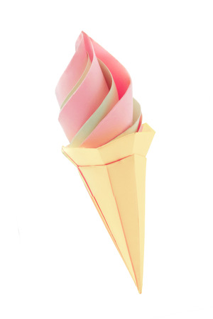 Fruit pink and green ice cream in the cone  origami paper desert on a white backgroundの写真素材