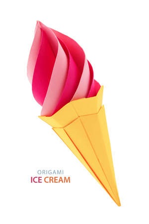 Fruit pink and green ice cream in the cone  origami paper desert on a white backgroundの写真素材