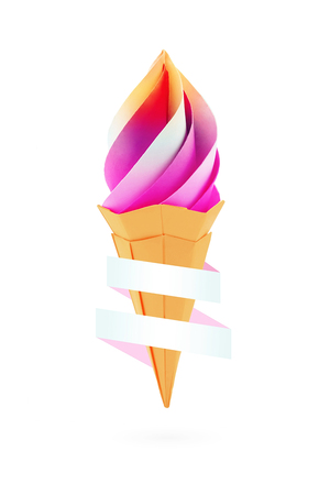 Fruit multi color rainbow ice cream in the cone origami paper with ribbon desert on a black backgroundの写真素材