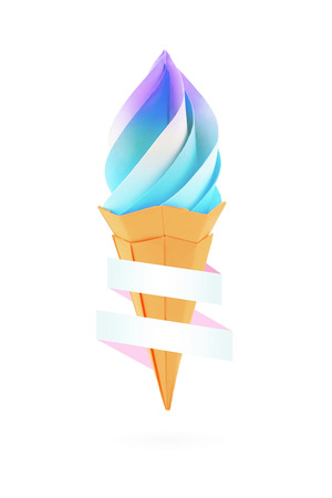 Fruit multi color rainbow ice cream in the cone origami paper with ribbon desert on a black backgroundの写真素材