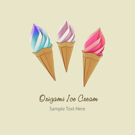 Ice cream in the cone sketch group origami paper desert on a yellow backgroundの写真素材