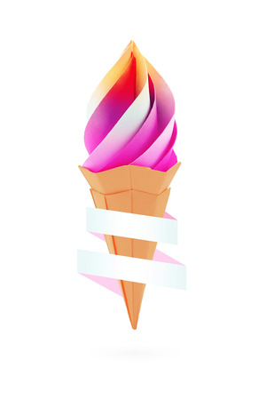 Fruit multi color rainbow ice cream in the cone origami paper with robbon desert on a black backgroundの写真素材