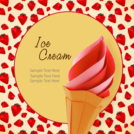 Fruit pink ice cream in the cone  origami paper desert on a strawberries backgroundの写真素材