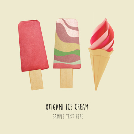 Origami paper chocolate fruit eskimo ice cream on a beige backgroundの写真素材