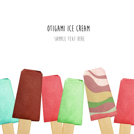 Origami paper chocolate fruit eskimo ice cream on a white backgroundの写真素材