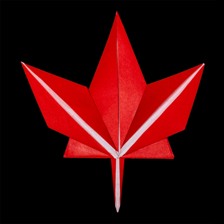 Origami paper geometric fall red maple leaf on a black backgroundの写真素材