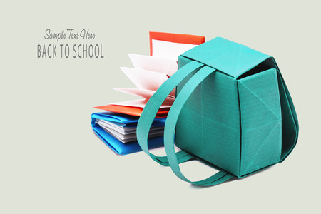 School backpack with education books origami set on a gray backgroundの写真素材