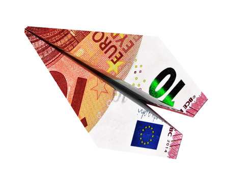 3d illustration money euro airplane fly on isolated white backgroundの写真素材