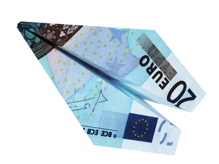3d illustration money euro airplane fly on isolated white backgroundの写真素材