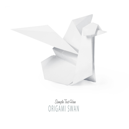 Origami paper swan on water on a white background.の写真素材