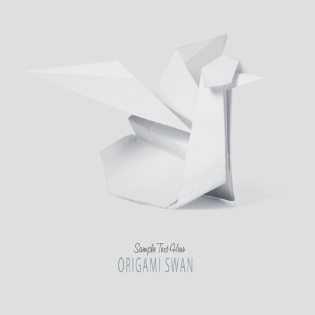 Origami paper swan on water on a gray background.の写真素材