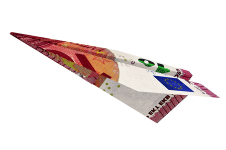 3d illustration money euro airplane fly on isolated white backgroundの写真素材