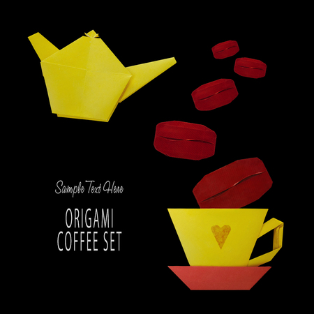 Origami paper of a cup of coffee and teapot seton a black backgroundの写真素材