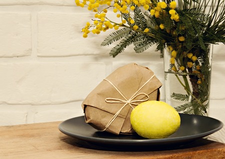 Easter yellow mimosa egg backgroundの写真素材