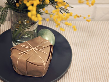 Easter yellow mimosa egg backgroundの写真素材