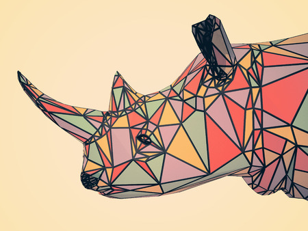 3D rendering low poly flat graphic rhinoceros head on a cream backgroundの写真素材