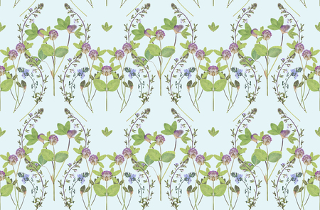 Seamless pattern with clover leaves spring on blueの写真素材