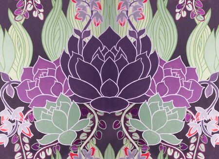 Pattern succulents painted with watercolor gouache background. Color violet A stone rose.の写真素材