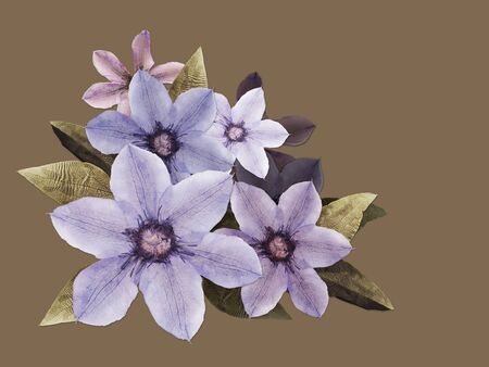 Beautiful lilac violet clematis flowers pressed dried herbarium isolated on a mustardbackgroundの写真素材