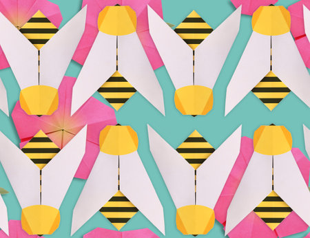 Seamless pattern with bees on flower geometric pattern on a whiteの写真素材