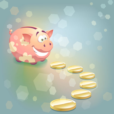cartoon happy pink Piggy bank illustration with coins.のイラスト素材