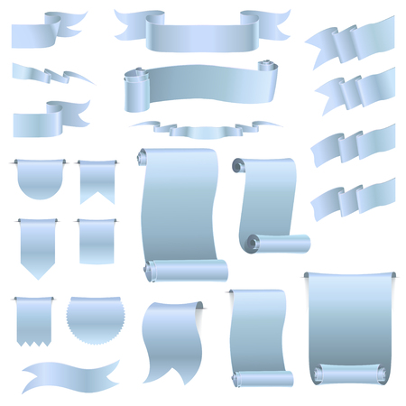 Set  of realistic silk silver ribbons, flags, banners. Silver curled ribbons on grey backgroundのイラスト素材